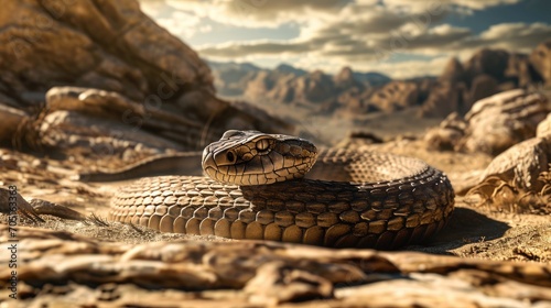 Desert snake reptile sunbathing and heating wallpaper background © Irina