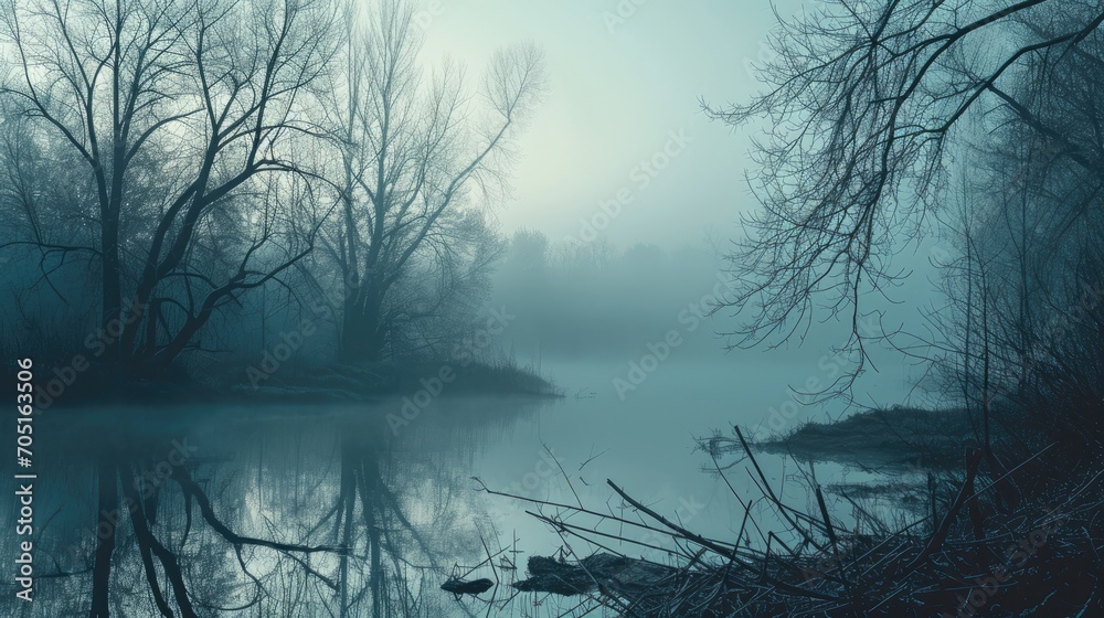 Fototapeta Dark mist fogy forest swamp nature wallpaper background
