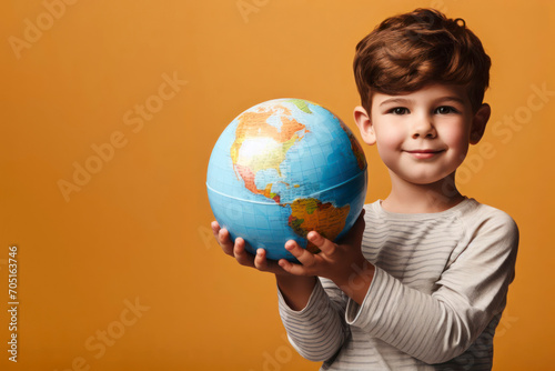 Kid hold globe on solid background. ai generative