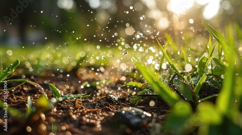 Water rain splash on ground grass nature wallpaper background © Irina