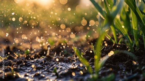 Water rain splash on ground grass nature wallpaper background
