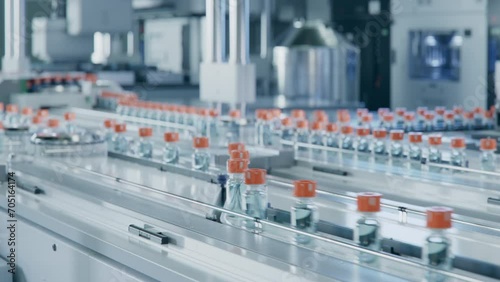 Large Conveyor Belt with Glass Vials inside Modern Pharmaceutical Factory. Medication Manufacturing Process. Medical Ampoule Production Line   photo