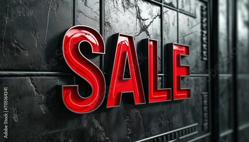 Red Sale sign 3D advertisement for discount. Mid Year Sale, Summer or winter sale banner. Dark background special offers and promotion template design. photo