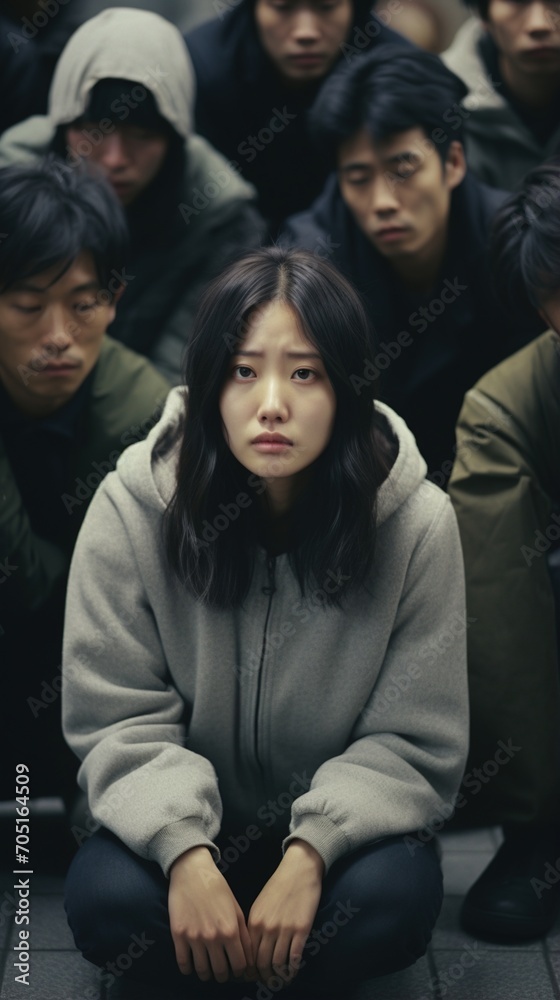 Fototapeta premium A young woman crouches in front of a group of people