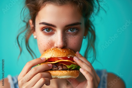 Girl Eats Burger On Turquoise Background