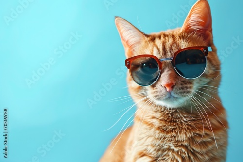 Funny Ginger Cat Wearing Sunglasses, Isolated On Light Cyan