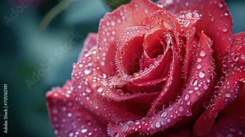 A close-up of a beautiful red rose kissed by dew