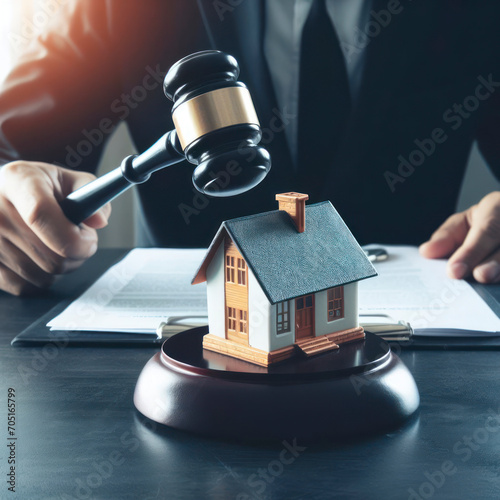 Judge auction and real estate concept. Law hammer and house model. Real estate law. ai generative photo