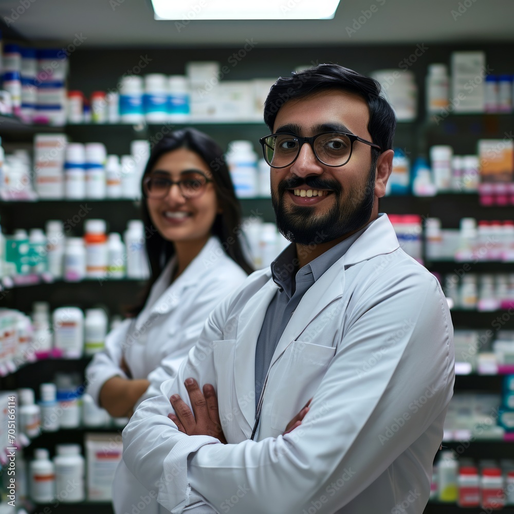 a man and woman in white coats standing in front of shelves of medicine