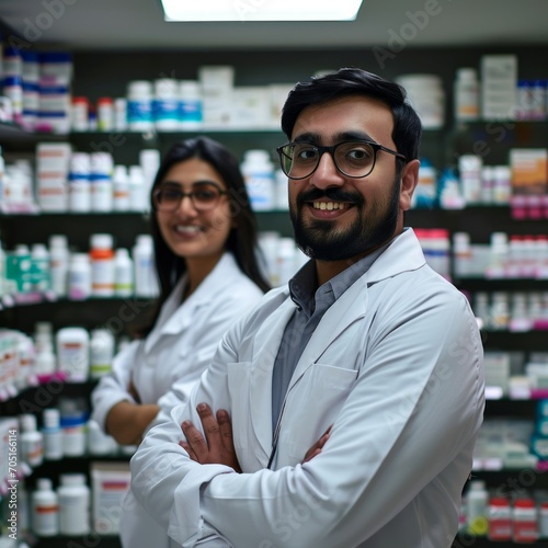 a man and woman in white coats standing in front of shelves of medicine
