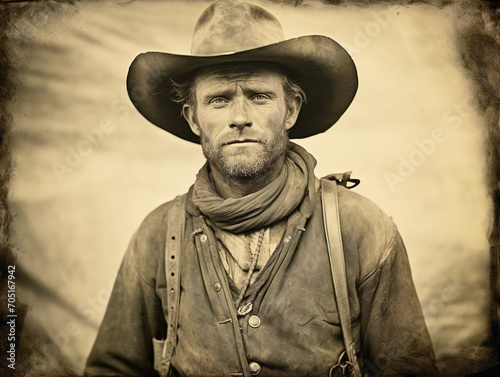 A vintage tintype photo capturing a rugged 19th-century American cowboy with a timeless charm. photo