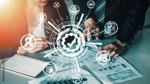 Quality Assurance and Quality Control Concept - Modern graphic interface showing certified standard process, product warranty and quality improvement technology for satisfaction of customer. uds photo