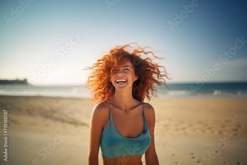 attractive red-haired woman enjoying on the beach