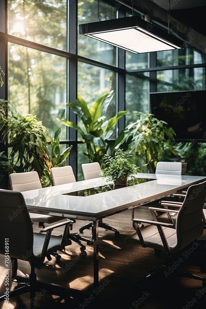 Modern office interior with large windows and plants