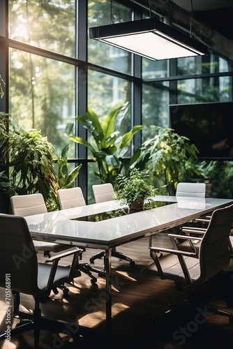 Modern office interior with large windows and plants