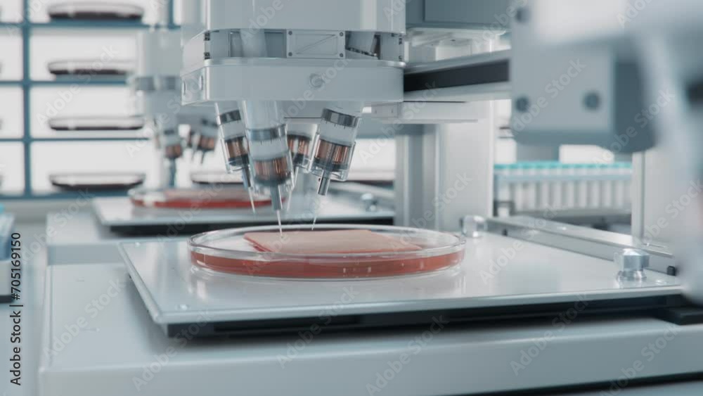 Medical Printers for Organic Tissues in Futuristic Laboratory. Bioprinting Advanced Technology Concept. Time-Lapse of Skin Tissue being Artificially Grown in Lab. 