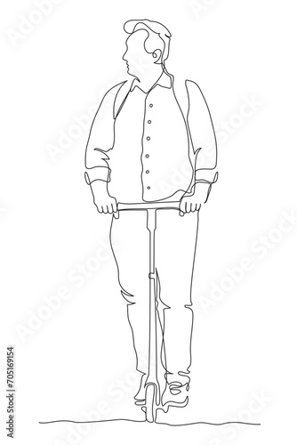 Man riding push scooter and looking right. Continuous line drawing. Black and white vector illustration in line art style.