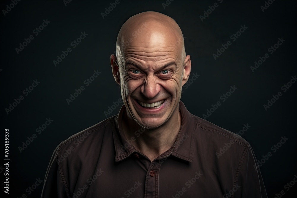 attractive bald young man posing in front of the camera very jovially