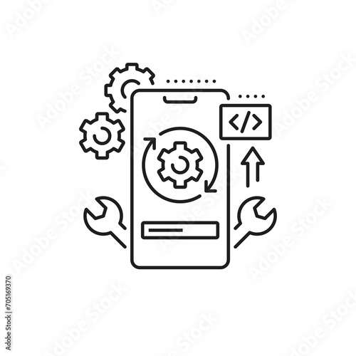 Upgrade, web app develop and optimization icon. Isolated vector linear sign featuring stylized smartphone screen with cogwheels, wrenches and upward arrow symbolizing app development and optimization