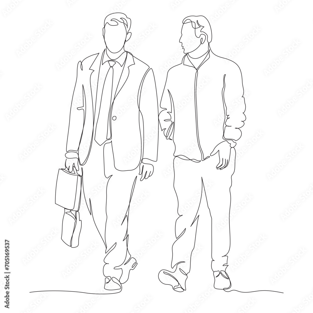 2 men walking and talking. Left man wearing classic suit and tie, carring notebook bag. Continuous line drawing. Black and white vector in line art style. 2 men walking and talking. Left man wearing classic suit and tie, carring notebook bag. Continuous line drawing. Black and white vector in line art style.