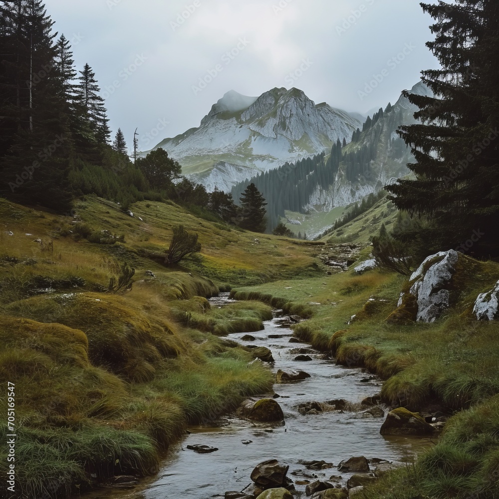 a stream running through a valley with trees and mountains