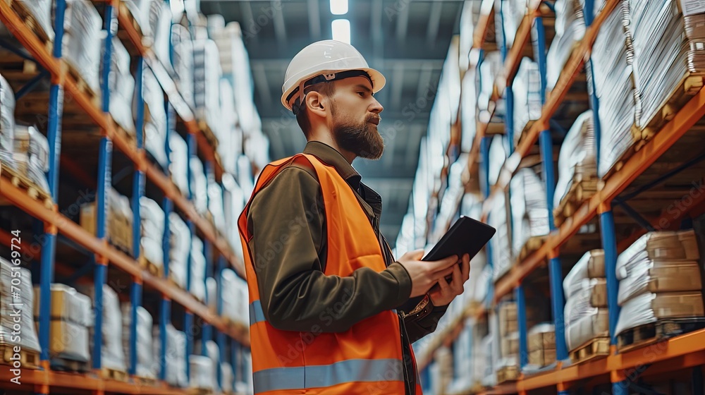 A worker in a warehouse with a tablet in his hand is taking inventory. A worker in a warehouse with a tablet in his hand is taking inventory.