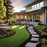 Modern house with beautiful backyard and stone path