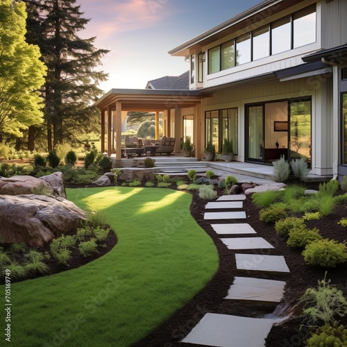 Modern house with beautiful backyard and stone path