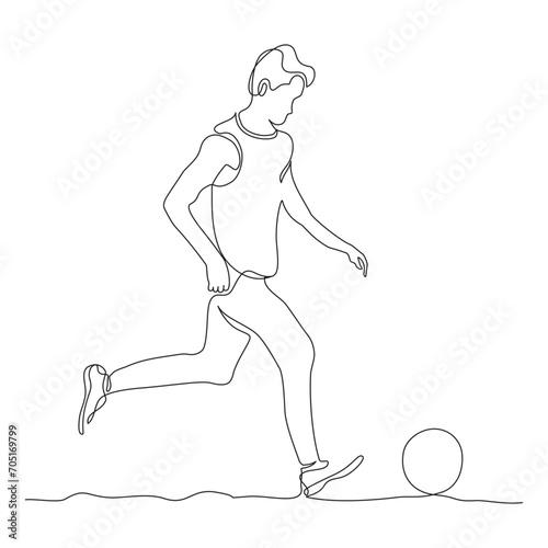 Soccer or football player running after the ball. Continuous line drawing. Black and white vector illustration in line art style.