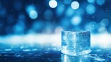 Ethereal Winter Magic: A Single Ice Cube Glowing on a Bokeh Blue Background, Horizontal Poster or Sign with Open Empty Copy Space for Text 
