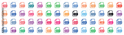 This image is a set of 56 color icons related to different file types and multimedia formats in a flat style. photo
