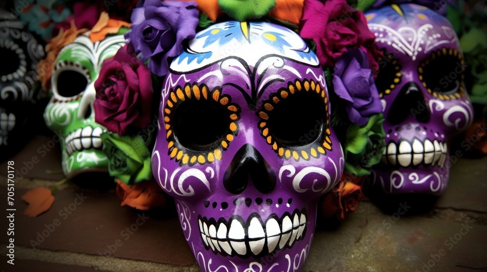 Day of the Dead Sugar Skulls. Day of the Dead Traditional Mexican Masks. Day of the dead, Dia de los Muertos, Mexico. Mexican traditional holiday  Día de los Muertos - Day of the Dead Concept.