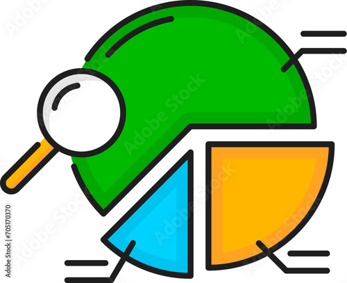 Analysis, CMS content management system icon, digital media online analytics, vector line pictogram. CMS and digital media content management icon diagram chart with magnifier for web analytics