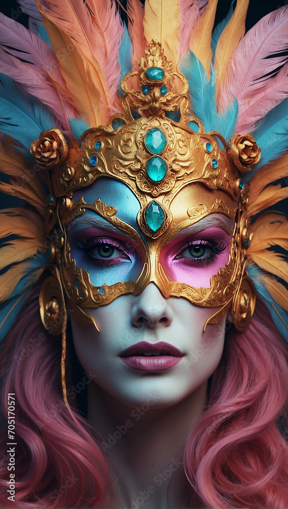 Mujer con máscara de carnaval con plumas y adornos dorados en un disfraz veneciano ideal para composición de banner