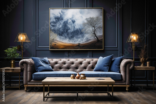 Craft a serene lounge with dark blue and grey sofas, complemented by a wooden table. 