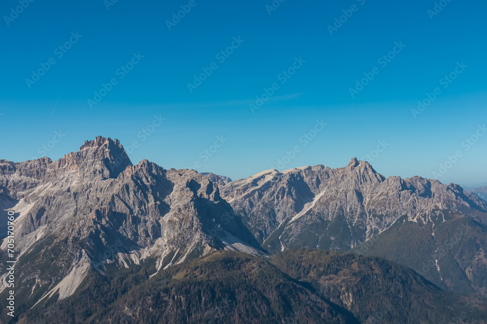 Scenic view of mount Dreischusterspitze in majestic mountain range of untamed Sexten Dolomites, South Tyrol, Italy, Europe. Hiking concept Italian Alps. Looking from lift station Drei Zinnen Tre Cime