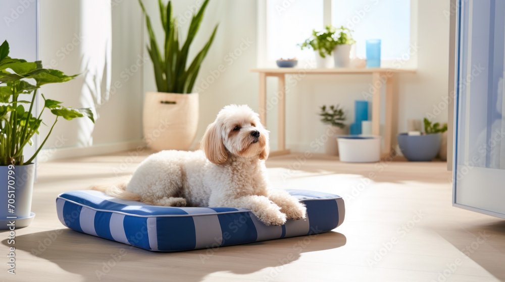 A poodle dog is lying on a blue and white pillow in a sunny bright room. House plants are placed around, creating an atmosphere of comfort of the home interior A poodle dog is lying on a blue and white pillow in a sunny bright room. House plants are placed around, creating an atmosphere of comfort of the home interior