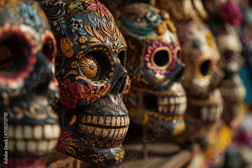 Colorful Mexican sugar skulls on display in a souvenir shop. Mexican traditional holiday  Día de los Muertos - Day of the Dead Concept. Mexican sugar skulls for sale. © John Martin