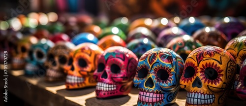 Colorful Mexican sugar skulls on display in a souvenir shop. Mexican traditional holiday  Día de los Muertos - Day of the Dead Concept. Mexican sugar skulls for sale. photo