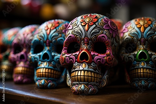 Day of the Dead Sugar Skulls. Day of the Dead Traditional Mexican Masks. Day of the dead, Dia de los Muertos, Mexico. Mexican traditional holiday Día de los Muertos - Day of the Dead Concept.