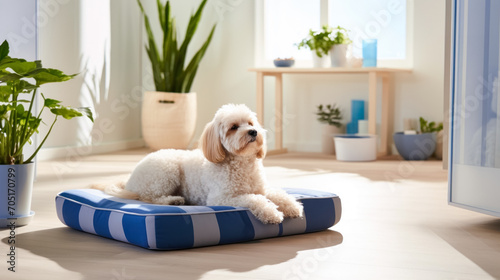 A poodle dog is lying on a blue and white pillow in a sunny bright room. House plants are placed around, creating an atmosphere of comfort of the home interior