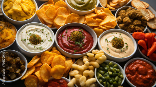 Many types of savoury snack in white dishes