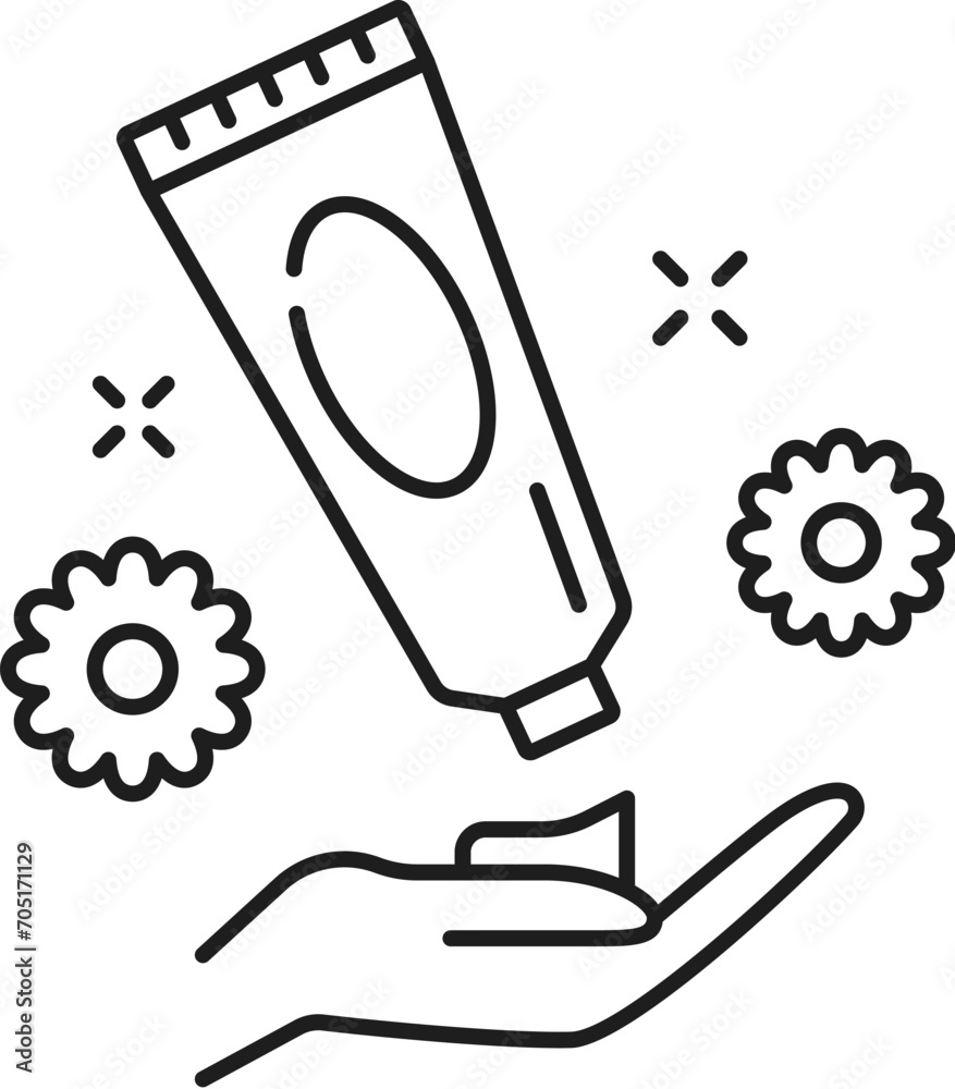 Nail manicure service icon with cream tube and female hand. Isolated vector linear simple sign demonstrating how to apply hand cream, symbolizes skincare and moisturizing for soft, healthy hands Nail manicure service icon with cream tube and female hand. Isolated vector linear simple sign demonstrating how to apply hand cream, symbolizes skincare and moisturizing for soft, healthy hands