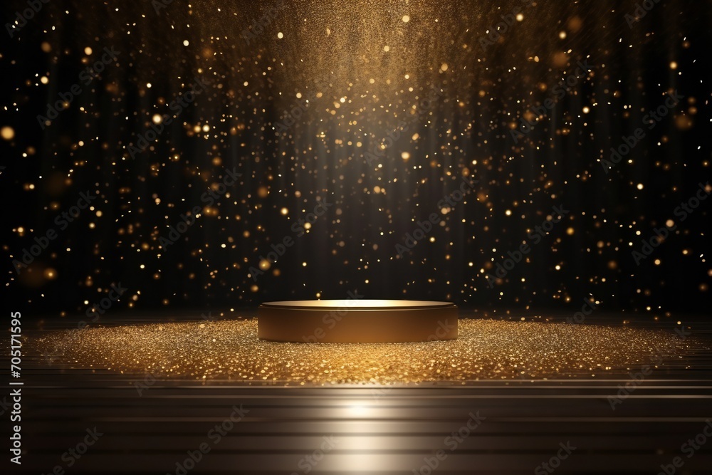 Golden confetti rain on festive stage with light beam in the middle, empty room mockup with copy space for award ceremony Generative AI - obrazy, fototapety, plakaty 