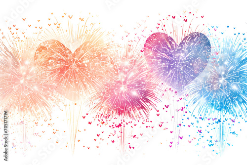 Set of pictures of fireworks at night, celebration, heart shape, happiness, festival, illustration, white background, colorful, Generative AI