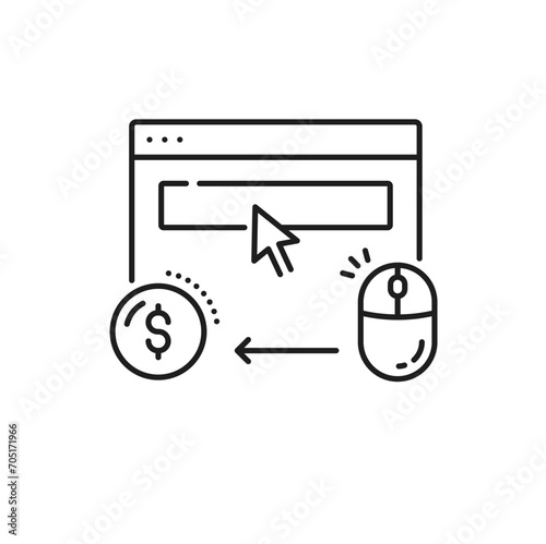 Pay per click. Serp icon. Search engine result page. Isolated vector linear ppc sign represents browser screen, pointer, mouse and dollar symbol, symbolizing the cost-per-click advertising model