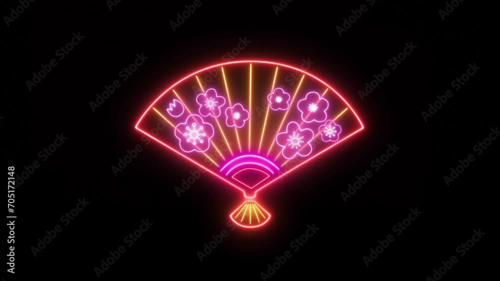 Colourful neon fan with cherry blossoms, Chinese Lunar New Year decoration, looping animation on black background. Colourful neon fan with cherry blossoms, Chinese Lunar New Year decoration, looping animation on black background.