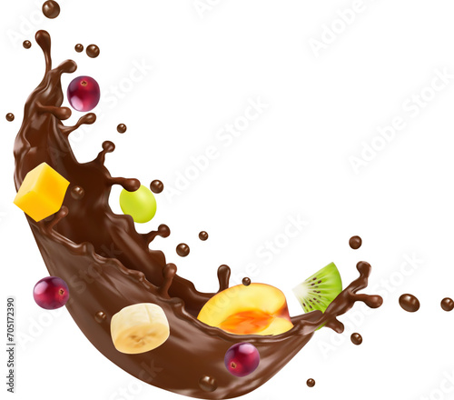 Realistic chocolate yogurt, cream or choco milk drink swirl splash with tropical fruits. Isolated 3d vector brown splatter with juicy peach slice, kiwi, cranberry, banana, grape and mango dice motion