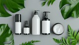 Cosmetic set of blank label bottles for packaging mockups of cream, serum, conditioner, perfume on gray background with green leaves, Organic natural cosmetic products