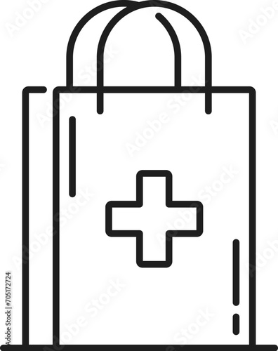 Pharmacy bag line icon, medicines order pack of medical treatments, outline vector. Pharmacy online shop web pictogram of paper bag with medical cross and handles in thin line for healthcare products
